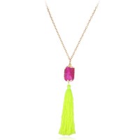 Hot Pink Oval Druzy Stone Neon Tassel Long Necklace